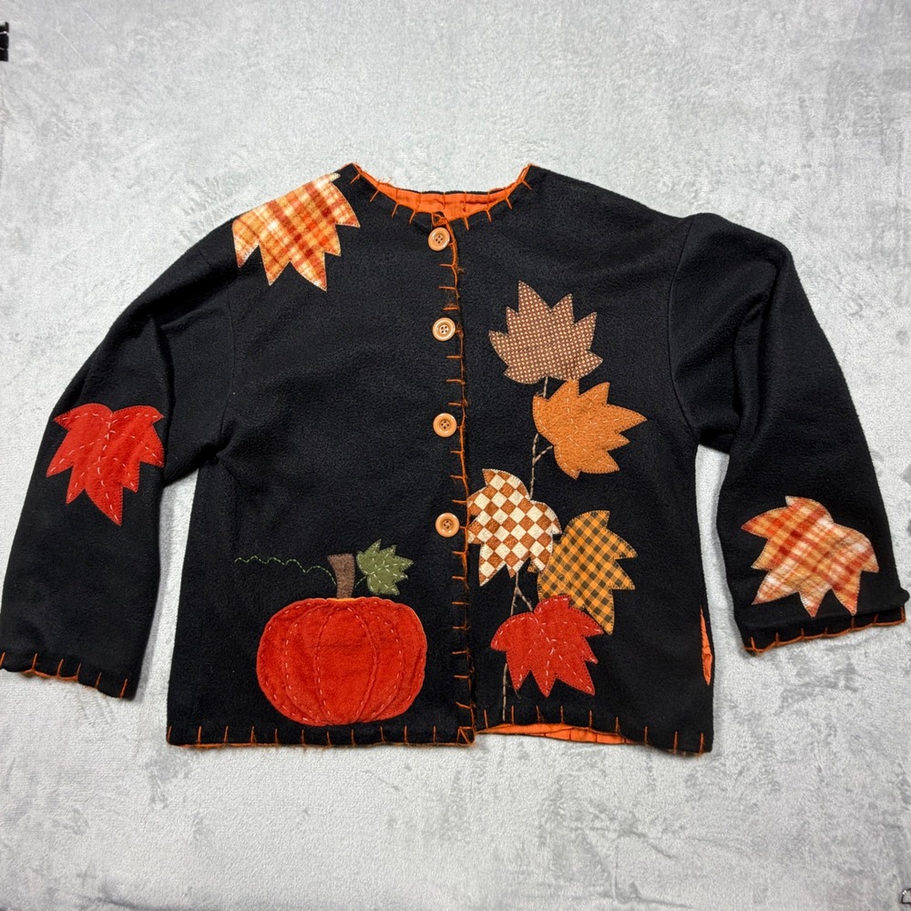 Vintage Black Pumpkin Leaf Applique Fall Fleece Jacket Cottagecore Teacher Lg